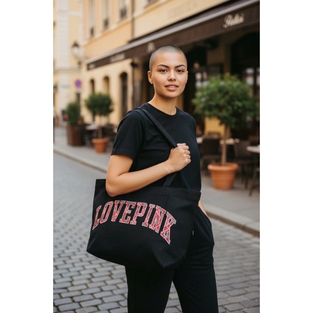 PINK Victoria's Secret Black Canvas Tote Bag Love Pink‎ Plaid Zipper Beach NWT